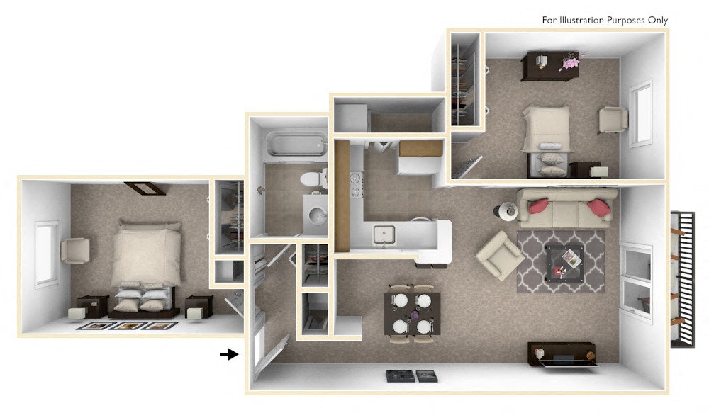 Floor plan for 2 beds, 1 bath, 830 sqft
